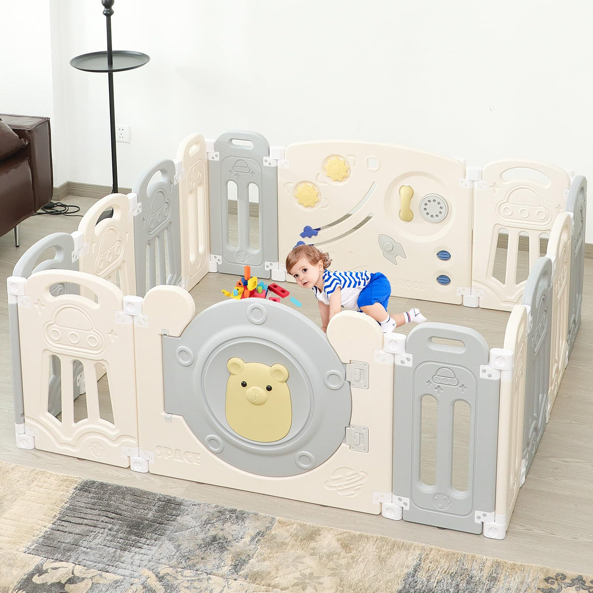 Adjustable Game Panel Foldable Baby Play Yard with Secure Lock Door,18-Panel Safety Kids Play Fence for Indoor&Outdoor Activity Center,Gray White