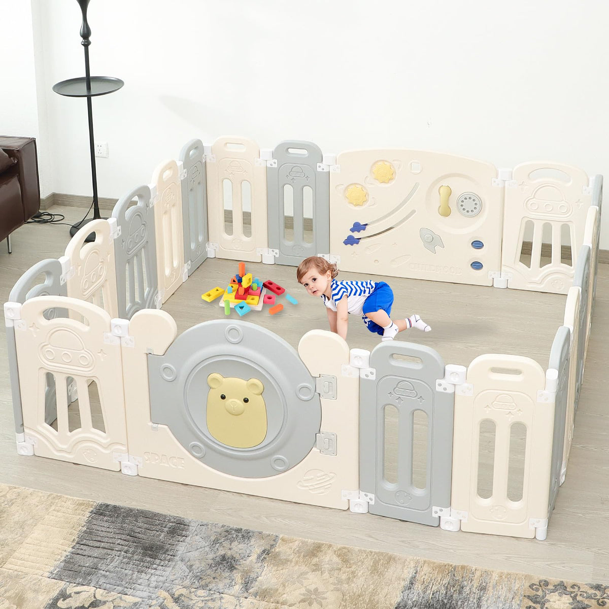18-Panel Foldable Baby Playpen Equipped with Lock Gate and Adjustable Basketball Hoop Game Panel,Indoor Outdoor Safe Toddler Activity Fence,Gray White