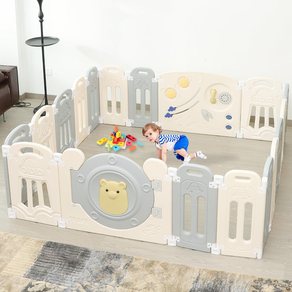 Foldable Kids Activity Play Yard with Lockable Gate&Customizable Game Panel,14-Panel Safe Baby Play Fence for Indoor and Outdoor Use,Gray White