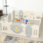 Foldable Kids Activity Play Yard with Lockable Gate&Customizable Game Panel,14-Panel Safe Baby Play Fence for Indoor and Outdoor Use,Gray White