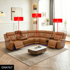Intelligent Recliner Sofa Set Semi PU Leather Solid Wood Frame Power Reclining Couch with USB Charging Bluetooth Speaker Yellow-brown