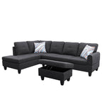 Sectional Sofa Set with Storage Ottoman Solid Wood Frame Breathable Fabric Modular Couch for Living Room Black Grey