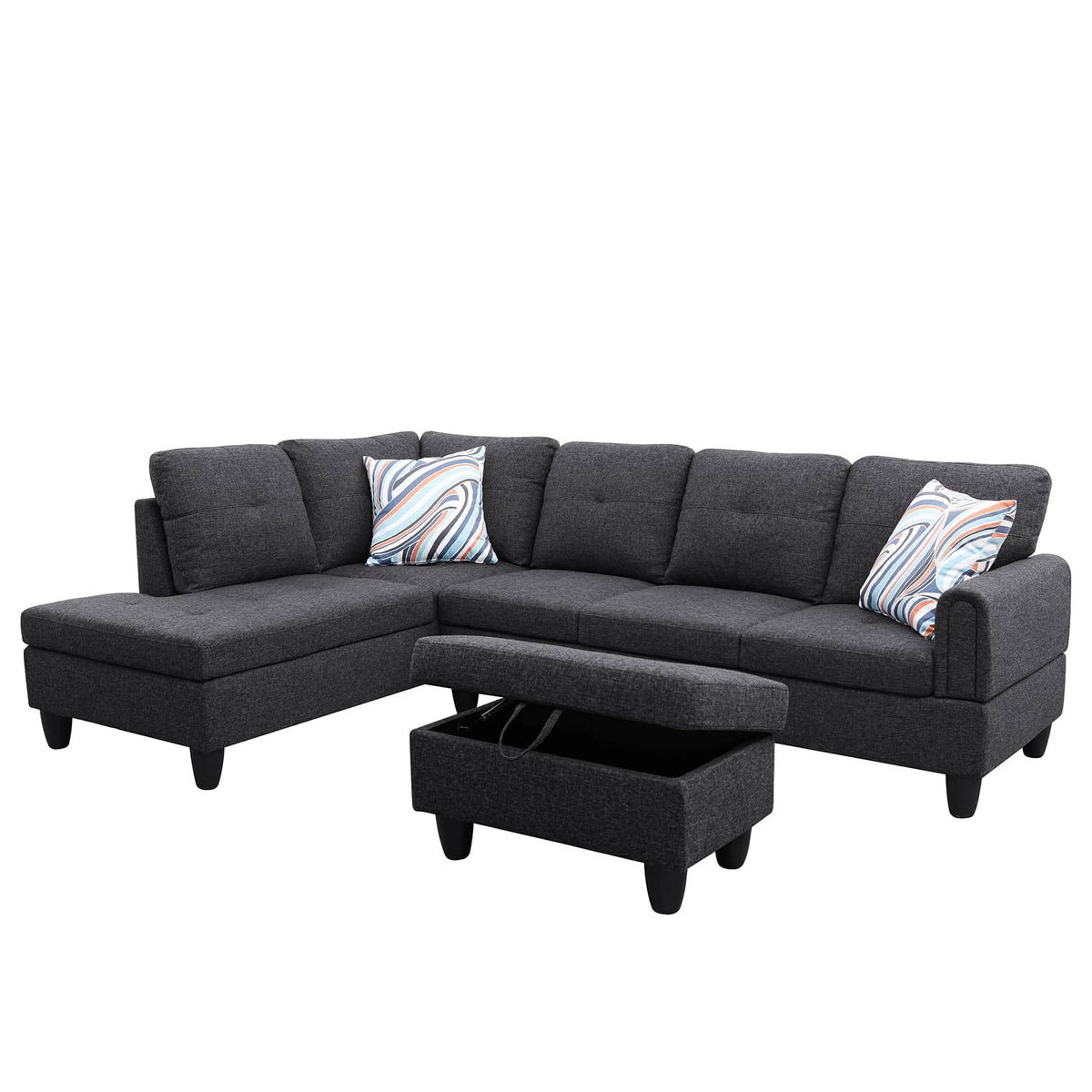 Sectional Sofa Set with Storage Ottoman Solid Wood Frame Breathable Fabric Modular Couch for Living Room Black Grey