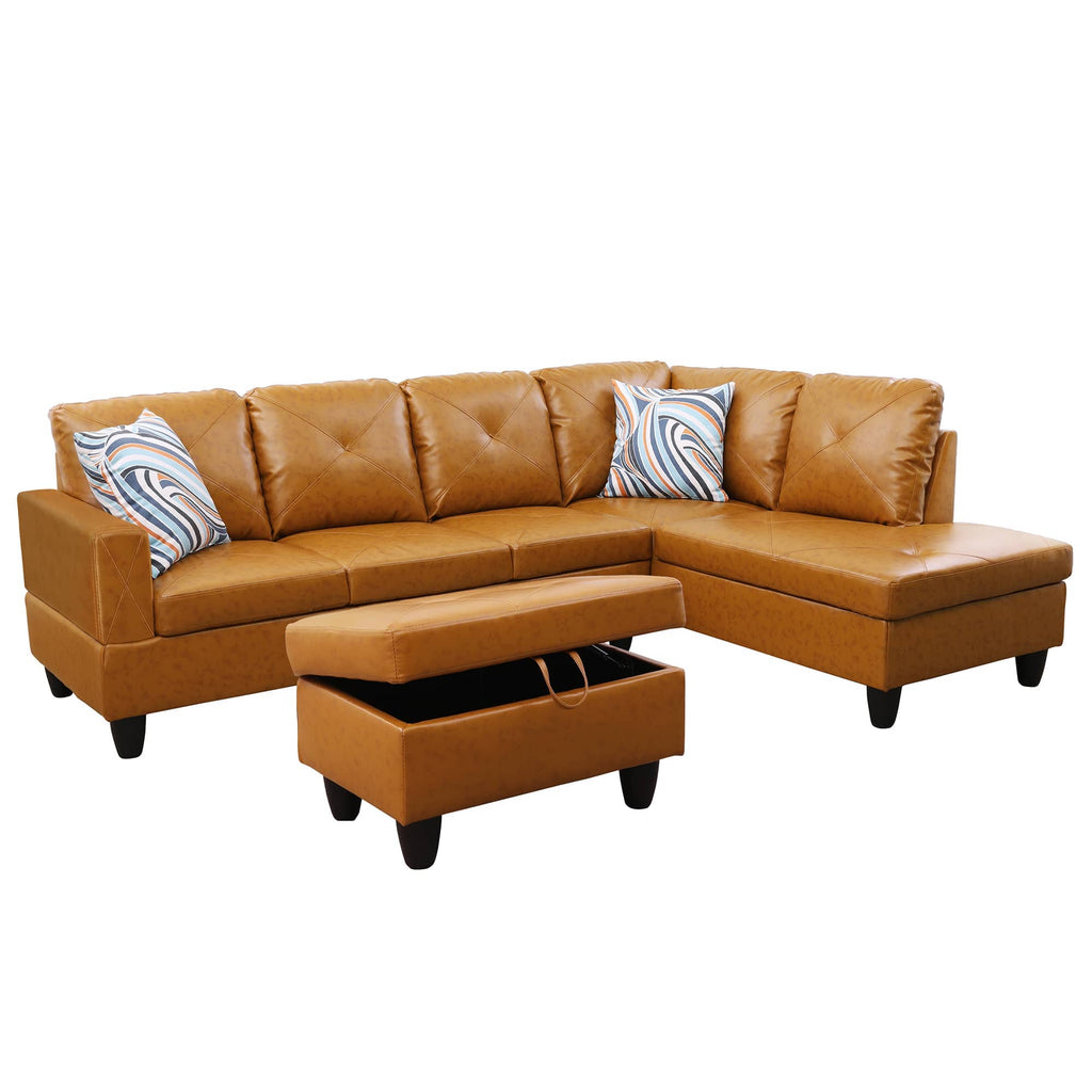 Modular Sectional Sofa Set with Storage Ottoman Solid Wood Frame Breathable Couch Ginger Faux Leather
