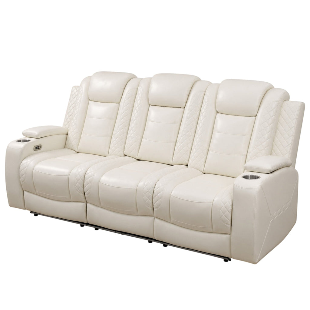 Intelligent Power Recliner 3 Seat Sofa Breathable Leather Couch with USB Charging LED Light Wireless Charger Cup Holder White