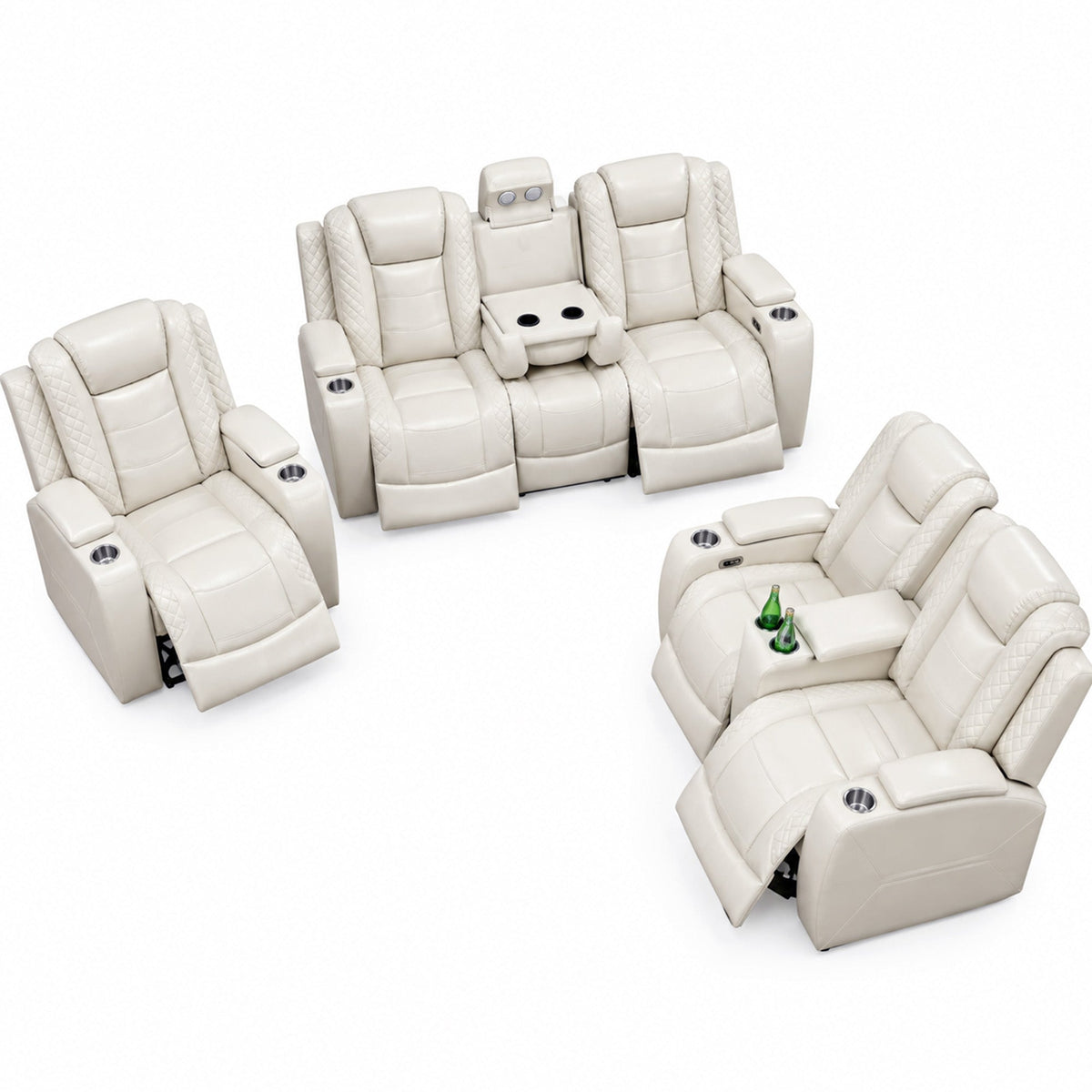 Intelligent Power Recliner Sofa 3 Piece Set Breathable Leather Couch with USB Charging LED Light Cup Holder Storage for Living Room Home Theater White