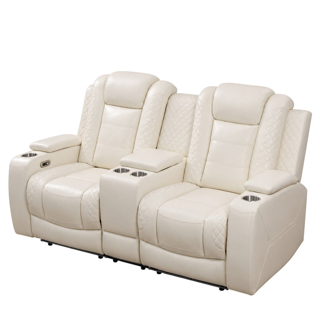 Intelligent Power Recliner Loveseat 2 Seat Sofa Breathable Leather Couch with USB Charging LED Light Storage Cup Holder White