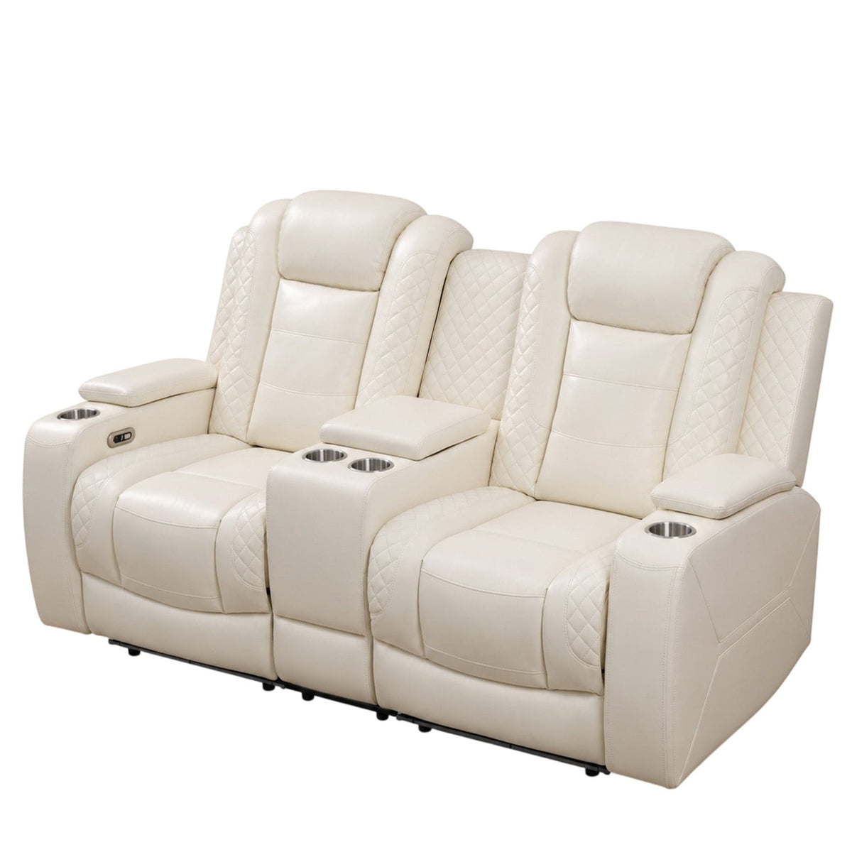 Intelligent Power Recliner Loveseat 2 Seat Sofa Breathable Leather Couch with USB Charging LED Light Storage Cup Holder White