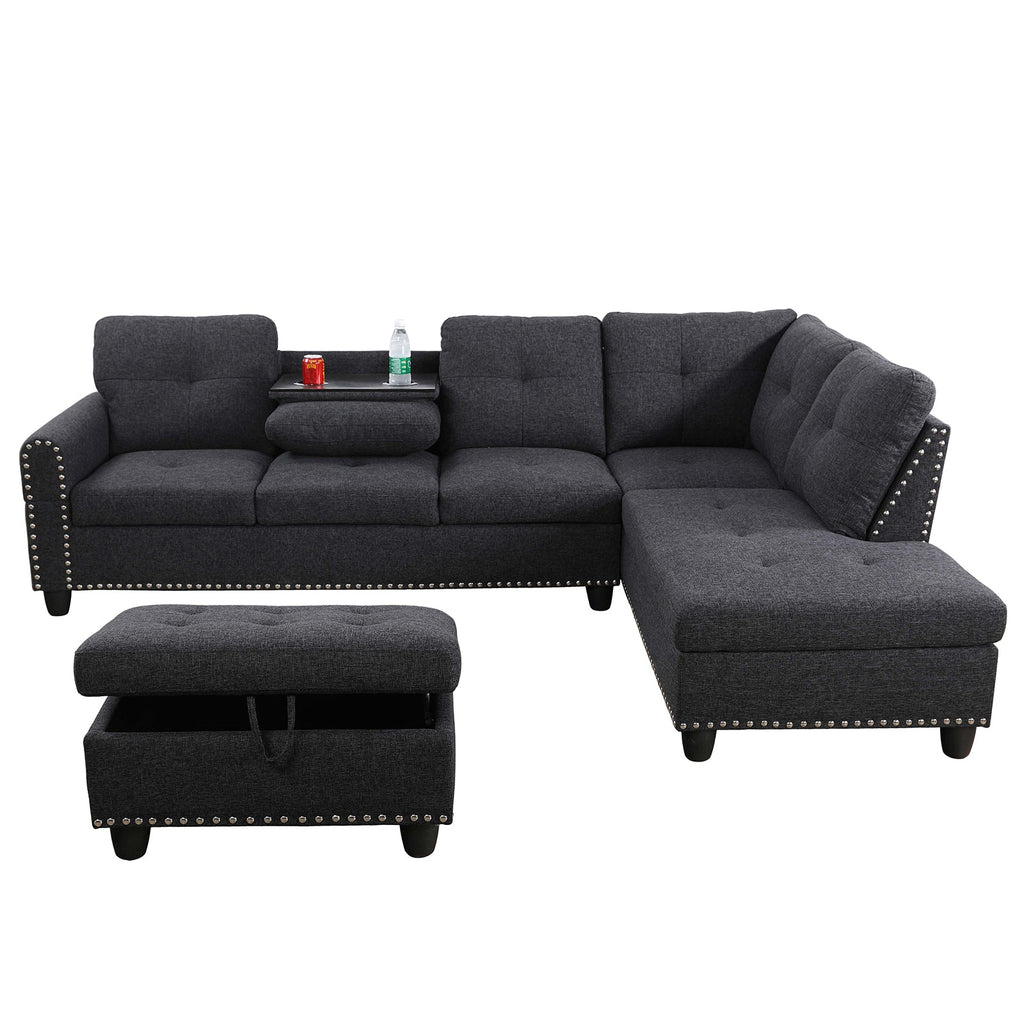 Modular Sectional Sofa Set with Storage Ottoman Reversible Coffee Table and Cup Holders Solid Wood Frame Fabric Couch Dark Grey