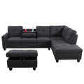 Modular Sectional Sofa Set with Storage Ottoman Reversible Coffee Table and Cup Holders Solid Wood Frame Fabric Couch Dark Grey