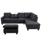 Modular Sectional Sofa Set with Storage Ottoman Reversible Coffee Table and Cup Holders Solid Wood Frame Fabric Couch Dark Grey