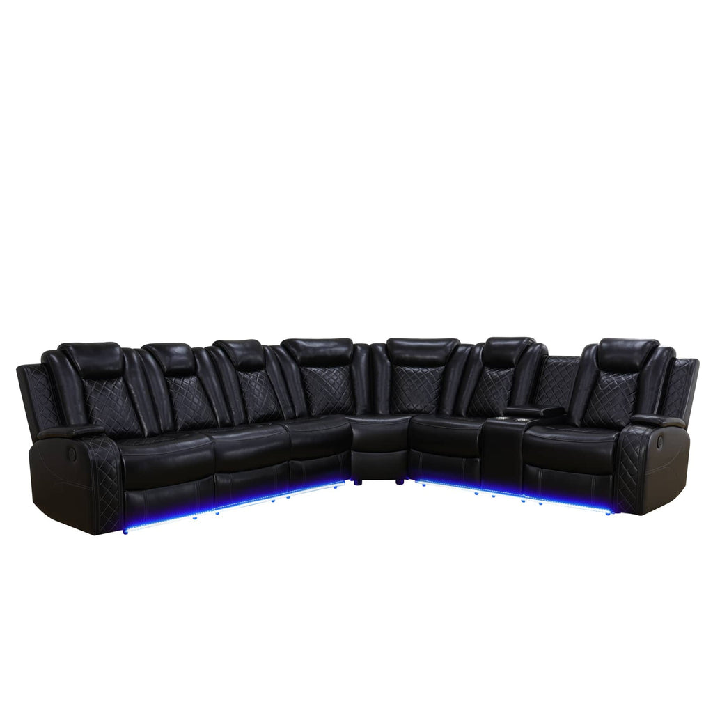 Intelligent Recliner Sofa Set Black Breathing Leather Adjustable Backrest with USB Wireless Charging LED Light Storage