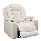 Intelligent Power Recliner Chair Single Seat Sofa Breathable Leather Reclining Couch with USB Charging LED Light Cup Holder White