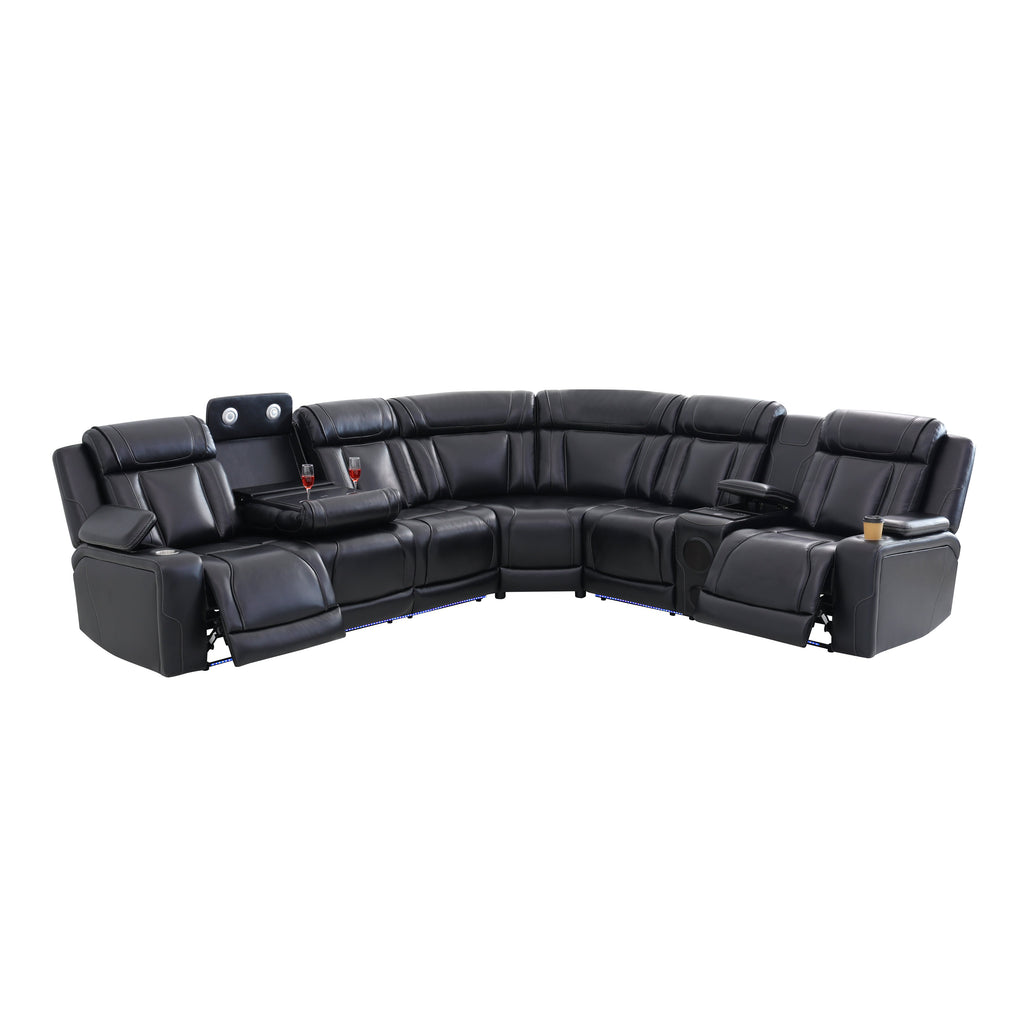 Intelligent Recliner Sofa Set Semi PU Leather Solid Wood Frame Power Reclining Couch with USB Charging Bluetooth Speaker Black