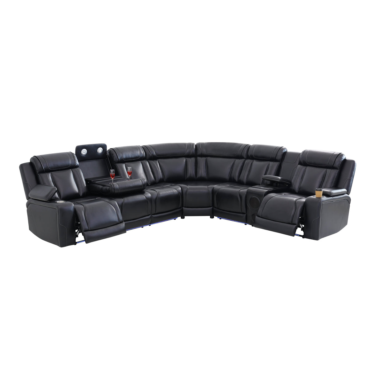 Intelligent Recliner Sofa Set Semi PU Leather Solid Wood Frame Power Reclining Couch with USB Charging Bluetooth Speaker Black