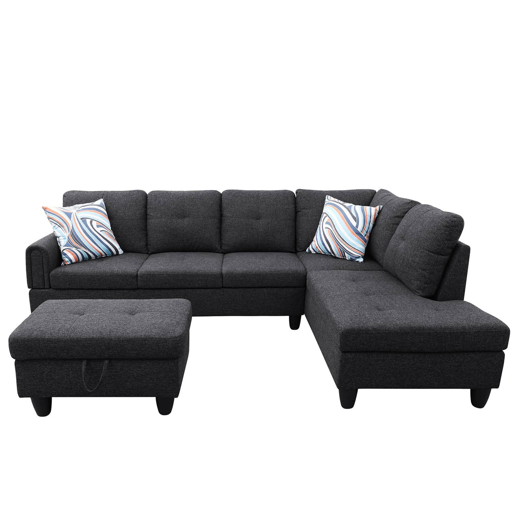 Sectional Sofa Set with Storage Ottoman Solid Wood Frame Breathable Fabric Modular Couch for Living Room Grey Black