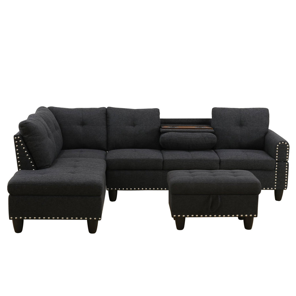 Modular Sectional Sofa Set with Storage Ottoman Reversible Coffee Table and Cup Holders Solid Wood Frame Dark Grey Fabric Couch