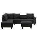 Modular Sectional Sofa Set with Storage Ottoman Reversible Coffee Table and Cup Holders Solid Wood Frame Dark Grey Fabric Couch