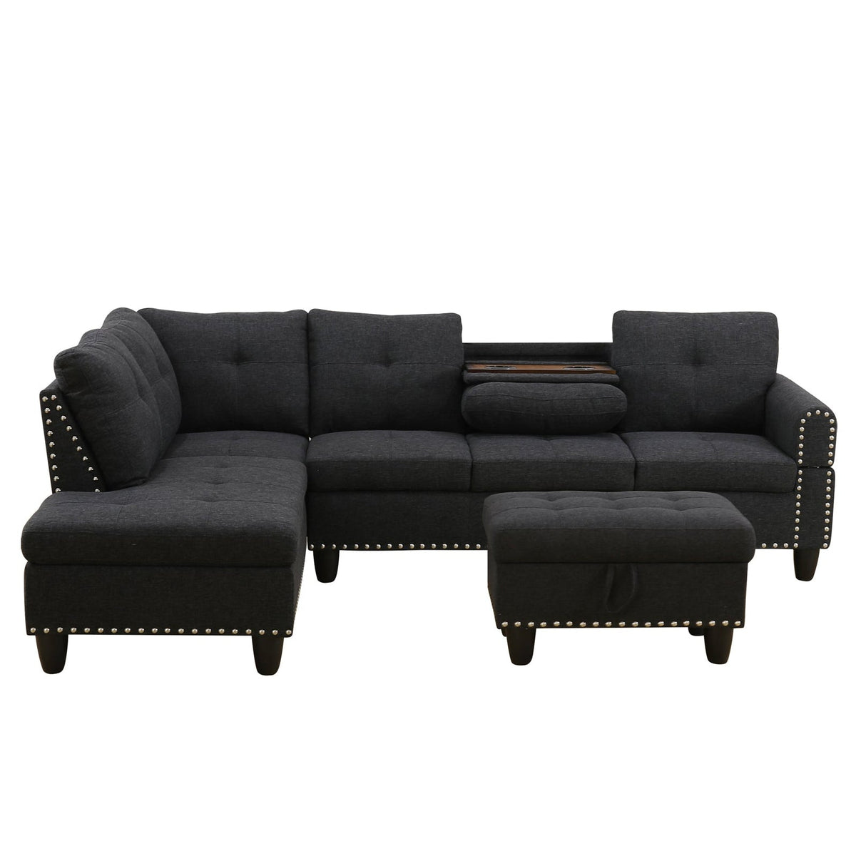 Modular Sectional Sofa Set with Storage Ottoman Reversible Coffee Table and Cup Holders Solid Wood Frame Dark Grey Fabric Couch