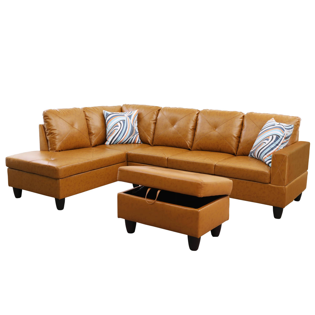 Modular Sectional Sofa Set with Storage Ottoman Solid Wood Frame Breathable Faux Leather Couch Ginger
