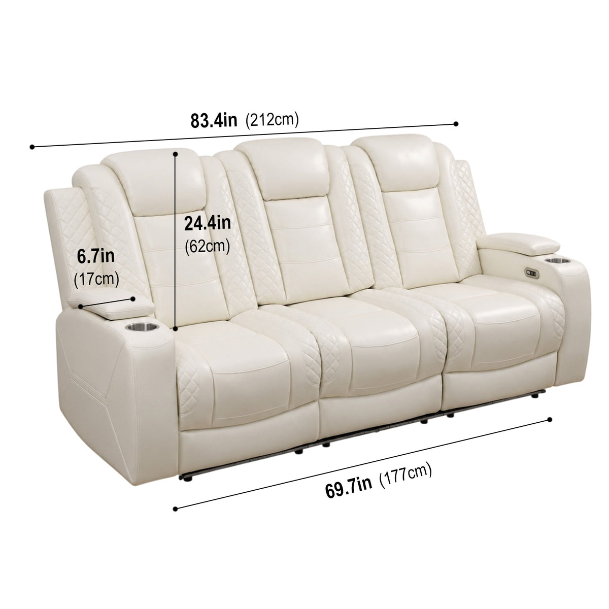 Intelligent Power Recliner 3 Seat Sofa Breathable Leather Couch with USB Charging LED Light Wireless Charger Cup Holder White