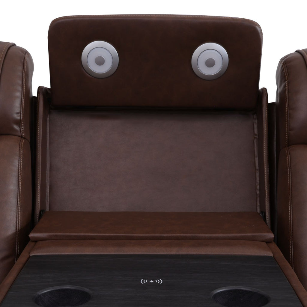 Intelligent Recliner Sofa Set Semi PU Leather Solid Wood Frame Power Reclining Couch with Wireless Charging Bluetooth Speaker LED Light Reddish-brown