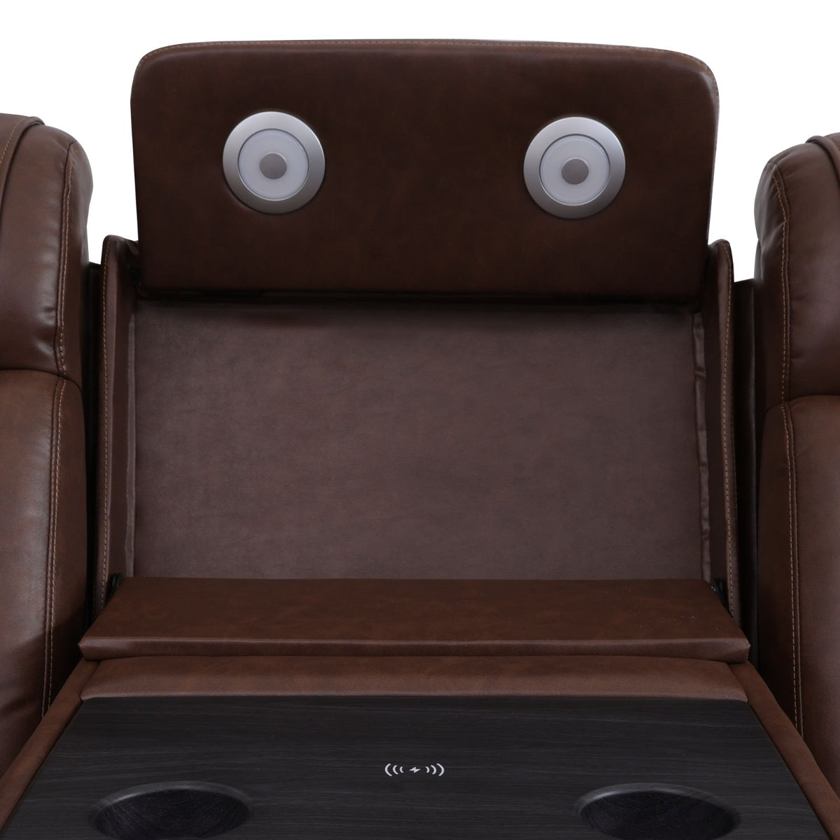 Intelligent Recliner Sofa Set Semi PU Leather Solid Wood Frame Power Reclining Couch with Wireless Charging Bluetooth Speaker LED Light Reddish-brown