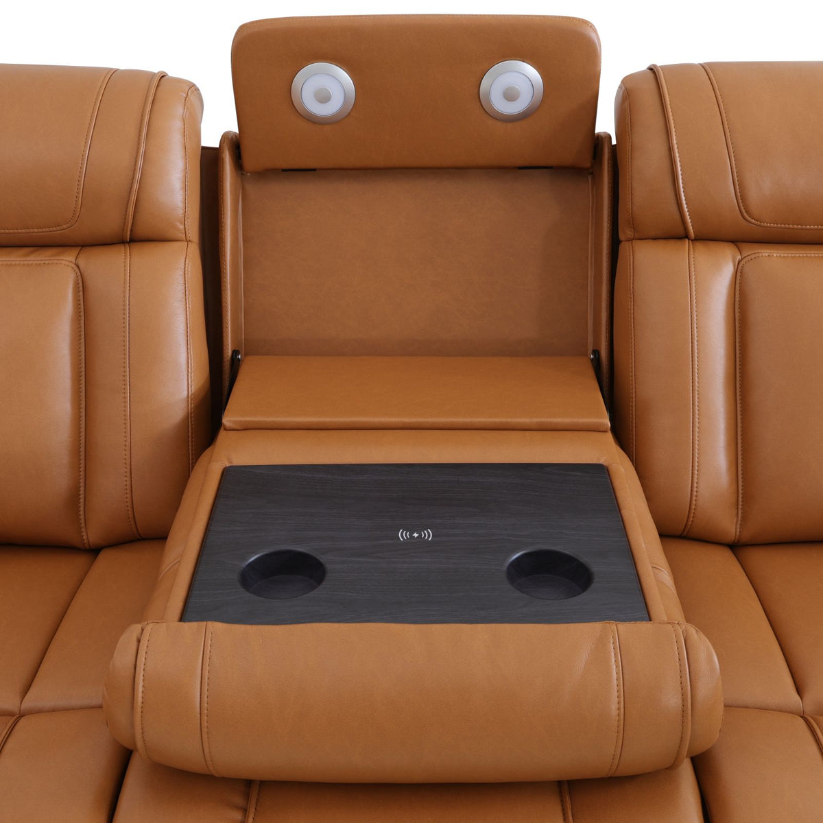 Intelligent Recliner Sofa Set Semi PU Leather Solid Wood Frame Power Reclining Couch with Wireless Charging Bluetooth Speaker LED Light Orange Yellow