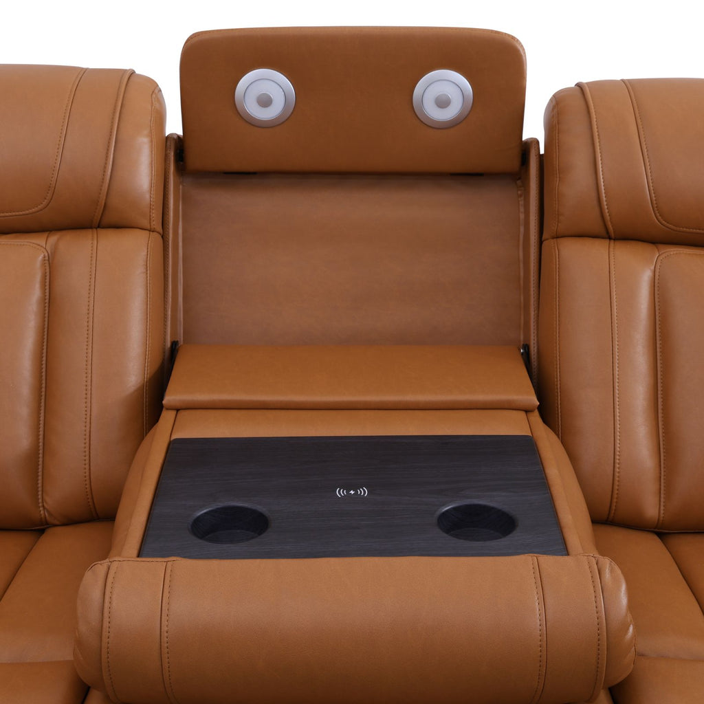 Intelligent Recliner Sofa Set Semi PU Leather Solid Wood Frame Power Reclining Couch with USB Charging Bluetooth Speaker Yellow-brown