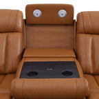 Intelligent Recliner Sofa Set Semi PU Leather Solid Wood Frame Power Reclining Couch with USB Charging Bluetooth Speaker Yellow-brown