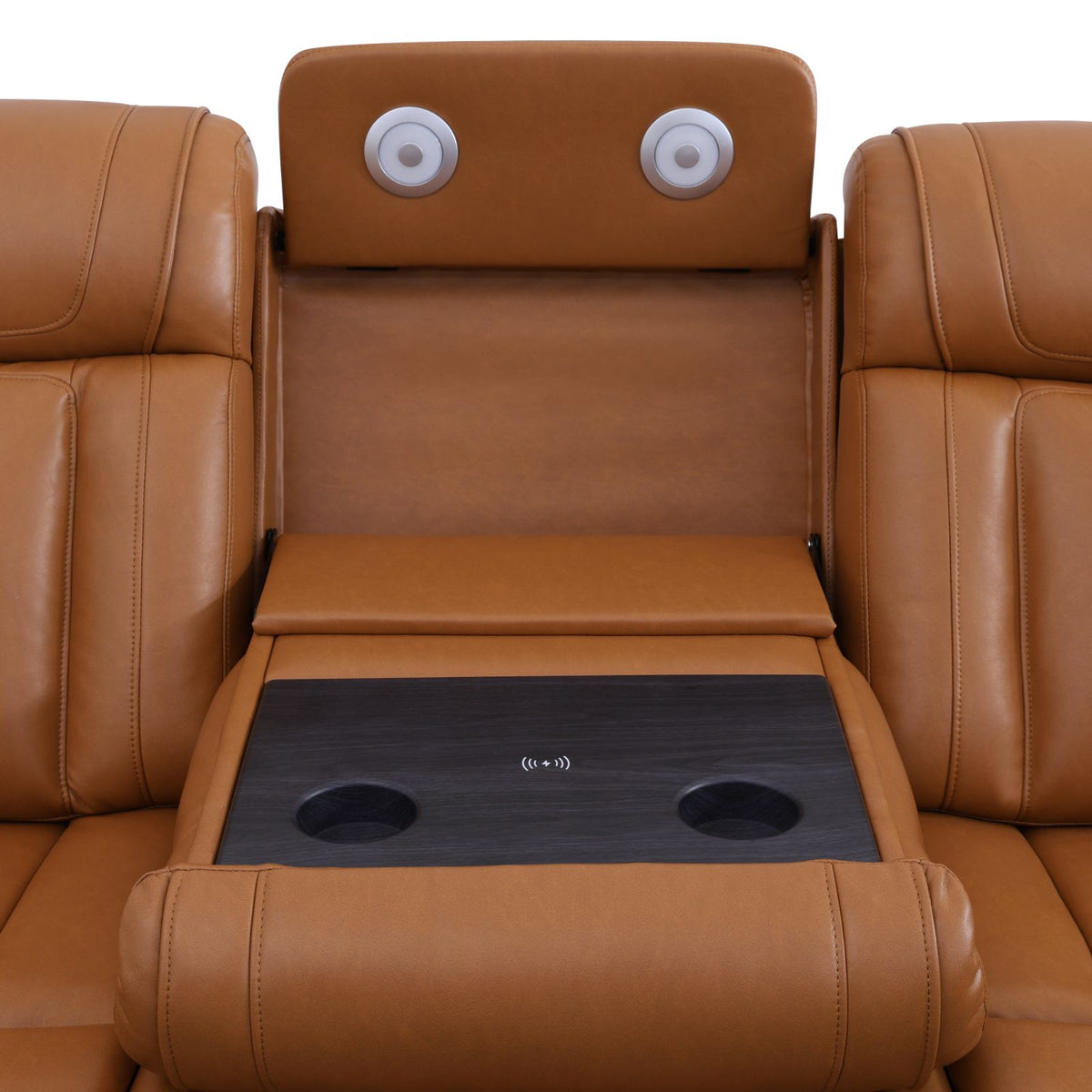 Intelligent Recliner Sofa Set Semi PU Leather Solid Wood Frame Power Reclining Couch with USB Charging Bluetooth Speaker Yellow-brown