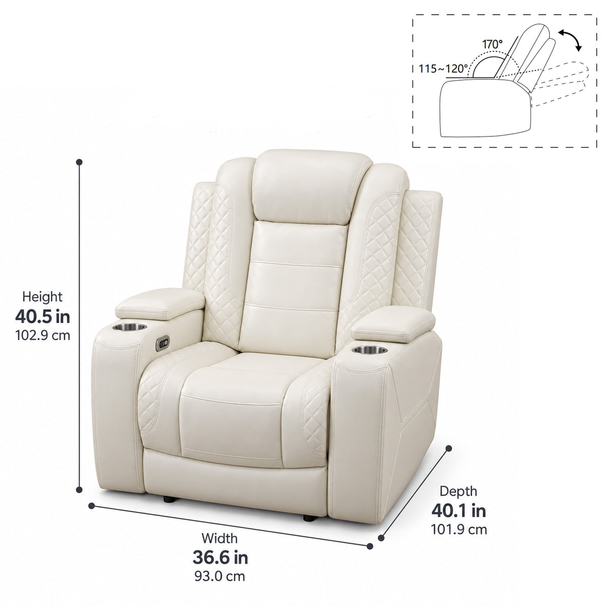 Intelligent Power Recliner Chair Single Seat Sofa Breathable Leather Reclining Couch with USB Charging LED Light Cup Holder White