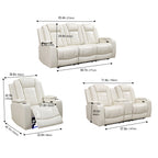 Intelligent Power Recliner Sofa 3 Piece Set Breathable Leather Couch with USB Charging LED Light Cup Holder Storage for Living Room Home Theater White