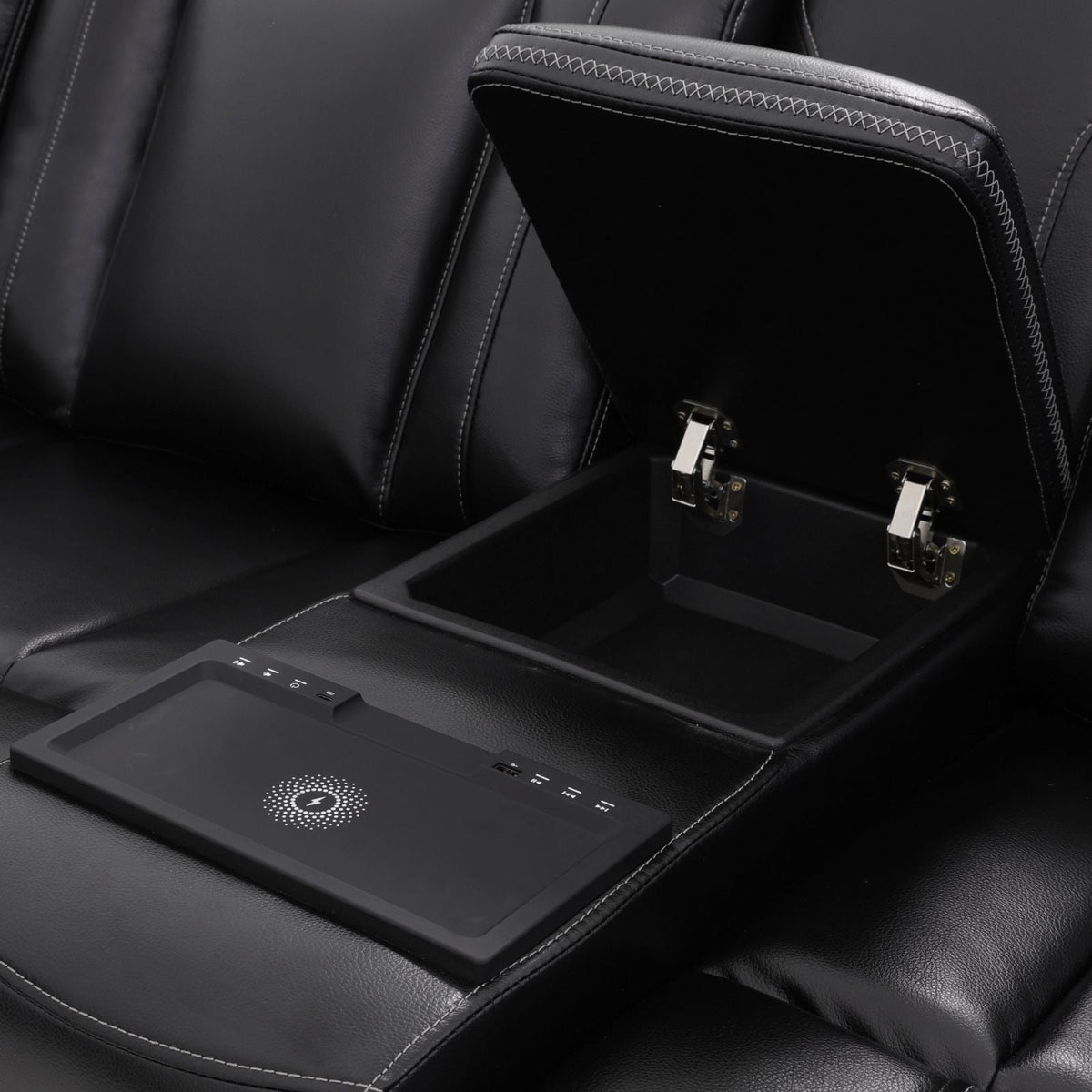 Intelligent Recliner Sofa Set Semi PU Leather Solid Wood Frame Power Reclining Couch with Wireless Charging Bluetooth Speaker LED Light Black