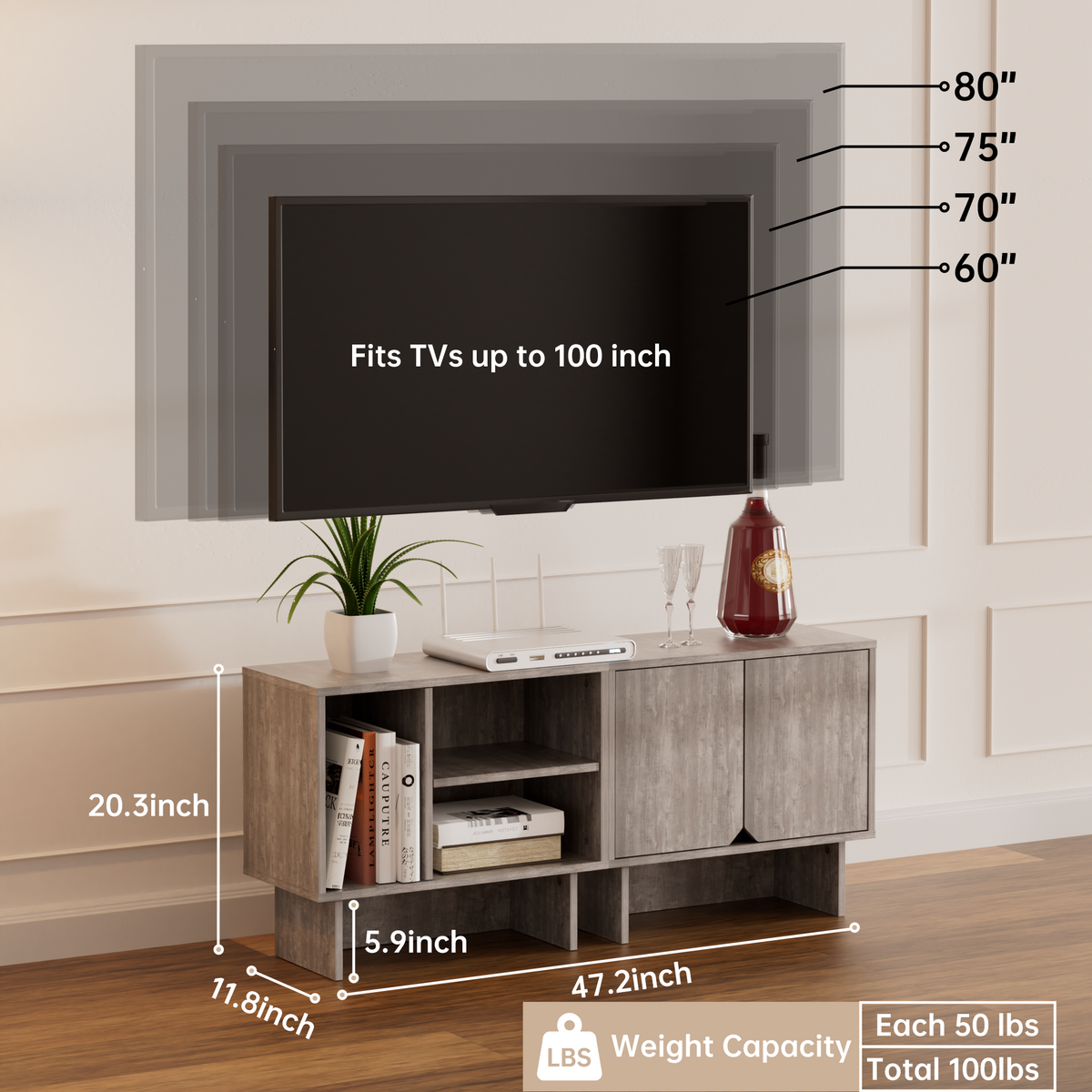 Modular Buffet Cabinet & TV Stand with Adjustable Storage Shelves, Multifunctional Sideboard Credenza for Living Room, Kitchen, Dining Room & Bedroom,2pcs Grey