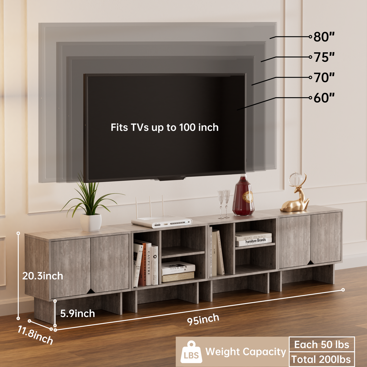 Modular Buffet Cabinet & TV Stand with Adjustable Storage Shelves, Multifunctional Sideboard Credenza for Living Room, Kitchen, Dining Room & Bedroom,4pcs Grey