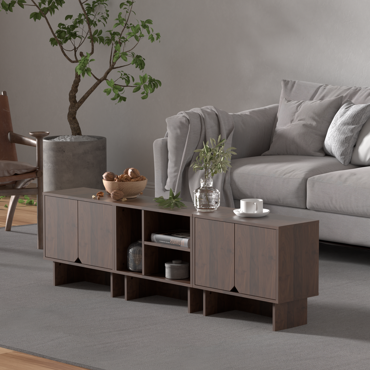Modular Buffet Cabinet & TV Stand with Adjustable Storage Shelves, Multifunctional Sideboard Credenza for Living Room, Kitchen, Dining Room & Bedroom,3pcs Walnut