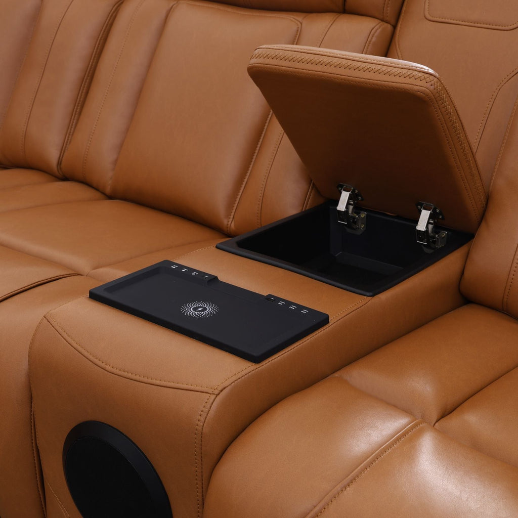Intelligent Recliner Sofa Set Semi PU Leather Solid Wood Frame Power Reclining Couch with USB Charging Bluetooth Speaker Yellow-brown