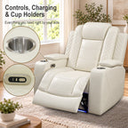 Intelligent Power Recliner Chair Single Seat Sofa Breathable Leather Reclining Couch with USB Charging LED Light Cup Holder White