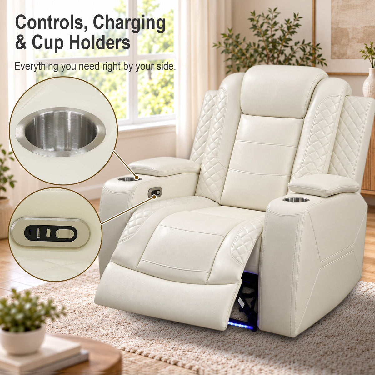 Intelligent Power Recliner Chair Single Seat Sofa Breathable Leather Reclining Couch with USB Charging LED Light Cup Holder White