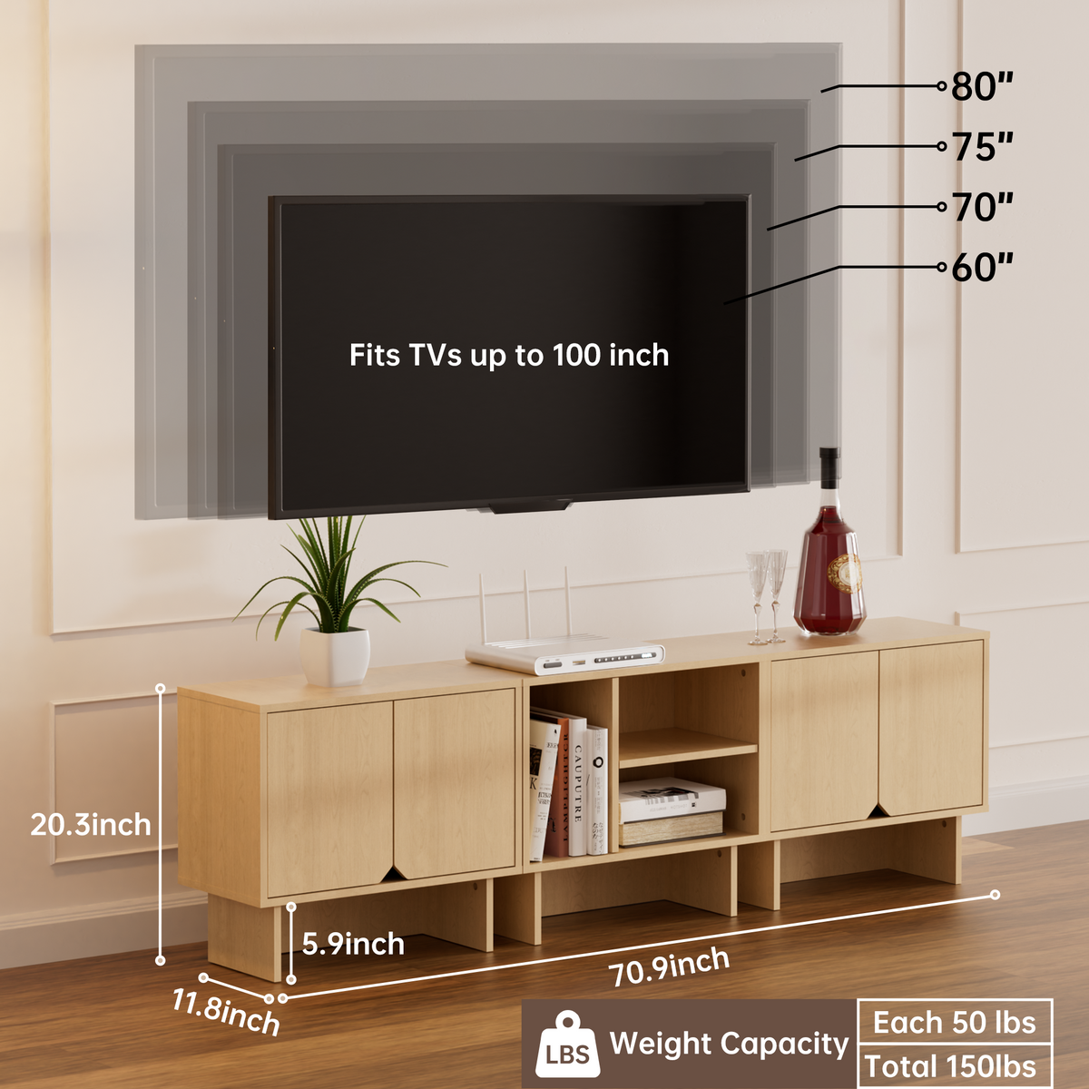 Modular Buffet Cabinet & TV Stand with Adjustable Storage Shelves, Multifunctional Sideboard Credenza for Living Room, Kitchen, Dining Room & Bedroom,3pcs Natural