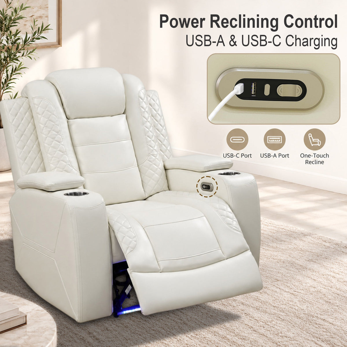 Intelligent Power Recliner Sofa 3 Piece Set Breathable Leather Couch with USB Charging LED Light Cup Holder Storage for Living Room Home Theater White
