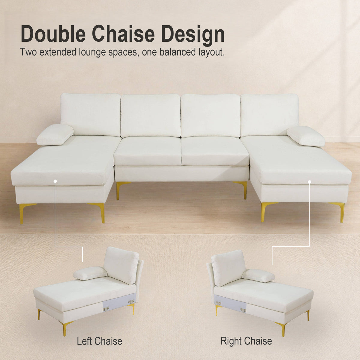 Fluffy Fabric U-shaped 3-Piece Living Room Sofa set, Off-white