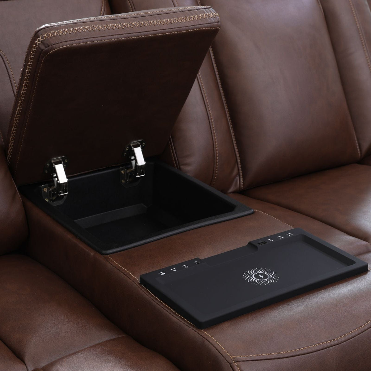 Intelligent Recliner Sofa Set Semi PU Leather Solid Wood Frame Power Reclining Couch with Wireless Charging Bluetooth Speaker LED Light Reddish-brown