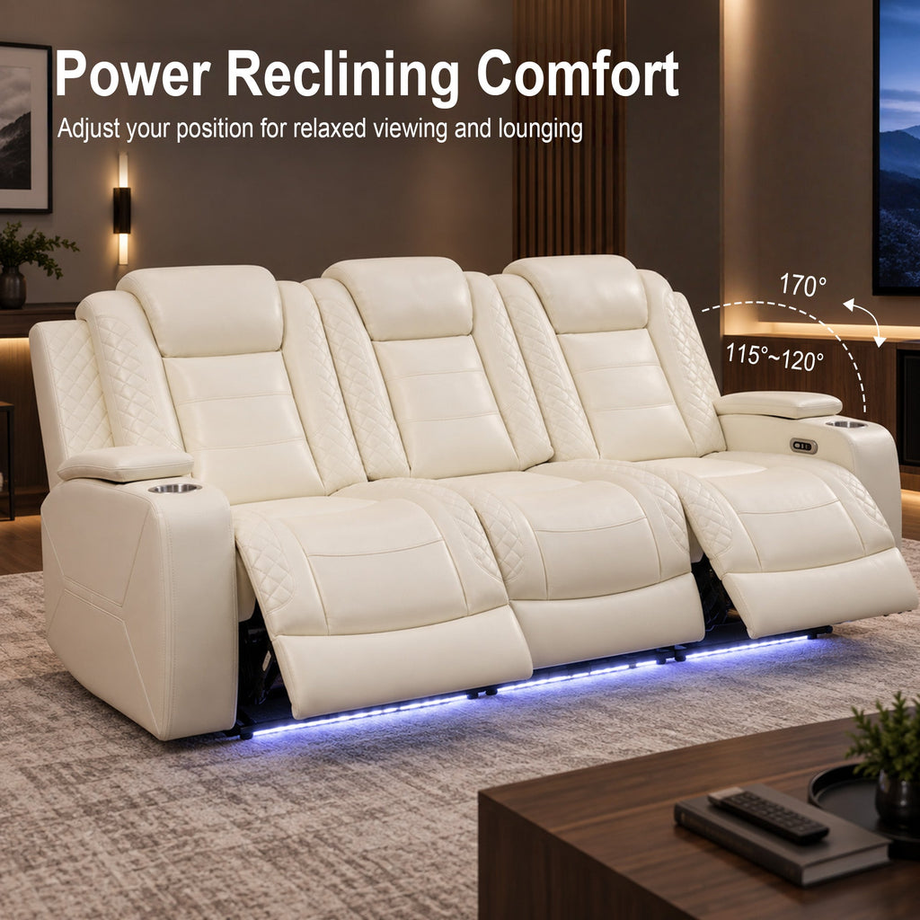 Intelligent Power Recliner 3 Seat Sofa Breathable Leather Couch with USB Charging LED Light Wireless Charger Cup Holder White