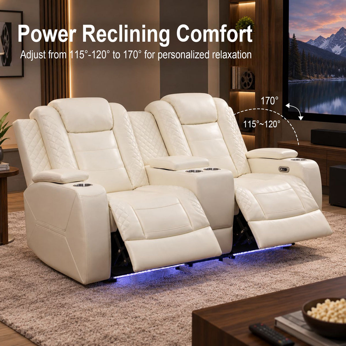 Intelligent Power Recliner Loveseat 2 Seat Sofa Breathable Leather Couch with USB Charging LED Light Storage Cup Holder White