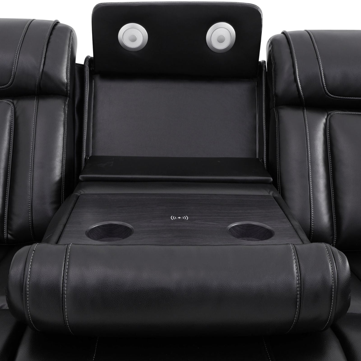 Intelligent Recliner Sofa Set Semi PU Leather Solid Wood Frame Power Reclining Couch with Wireless Charging Bluetooth Speaker LED Light Black