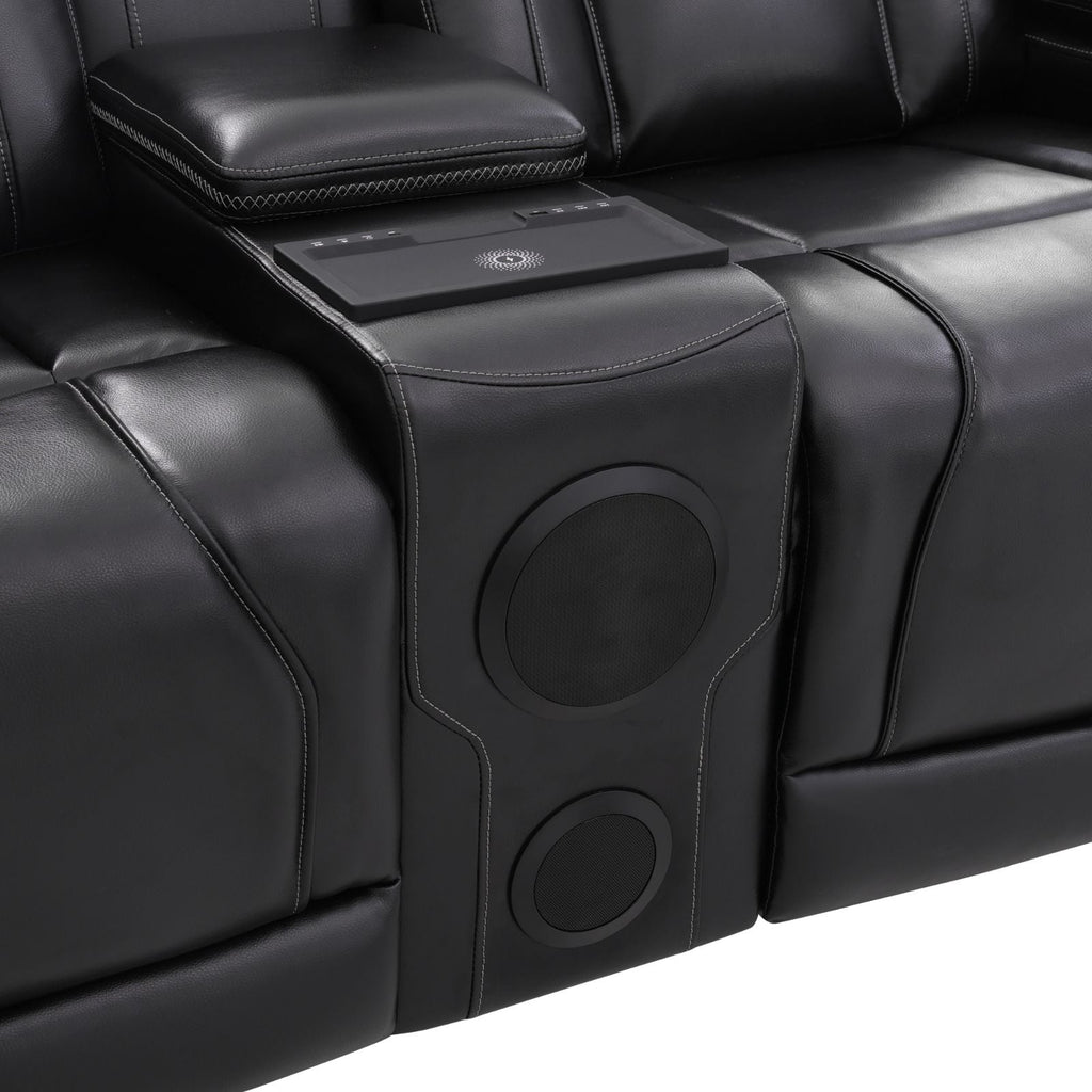 Intelligent Recliner Sofa Set Semi PU Leather Solid Wood Frame Power Reclining Couch with Wireless Charging Bluetooth Speaker LED Light Black
