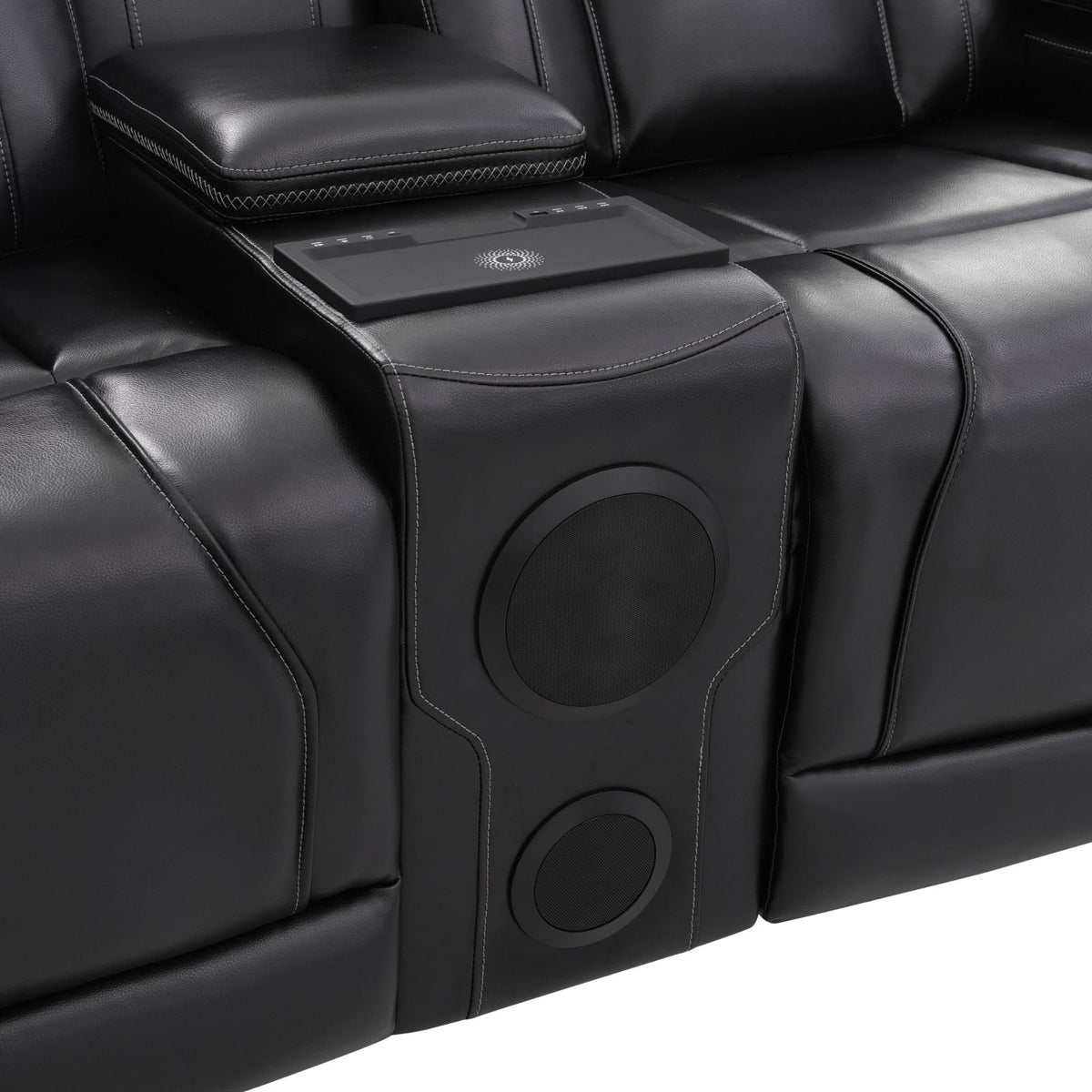 Intelligent Recliner Sofa Set Semi PU Leather Solid Wood Frame Power Reclining Couch with Wireless Charging Bluetooth Speaker LED Light Black