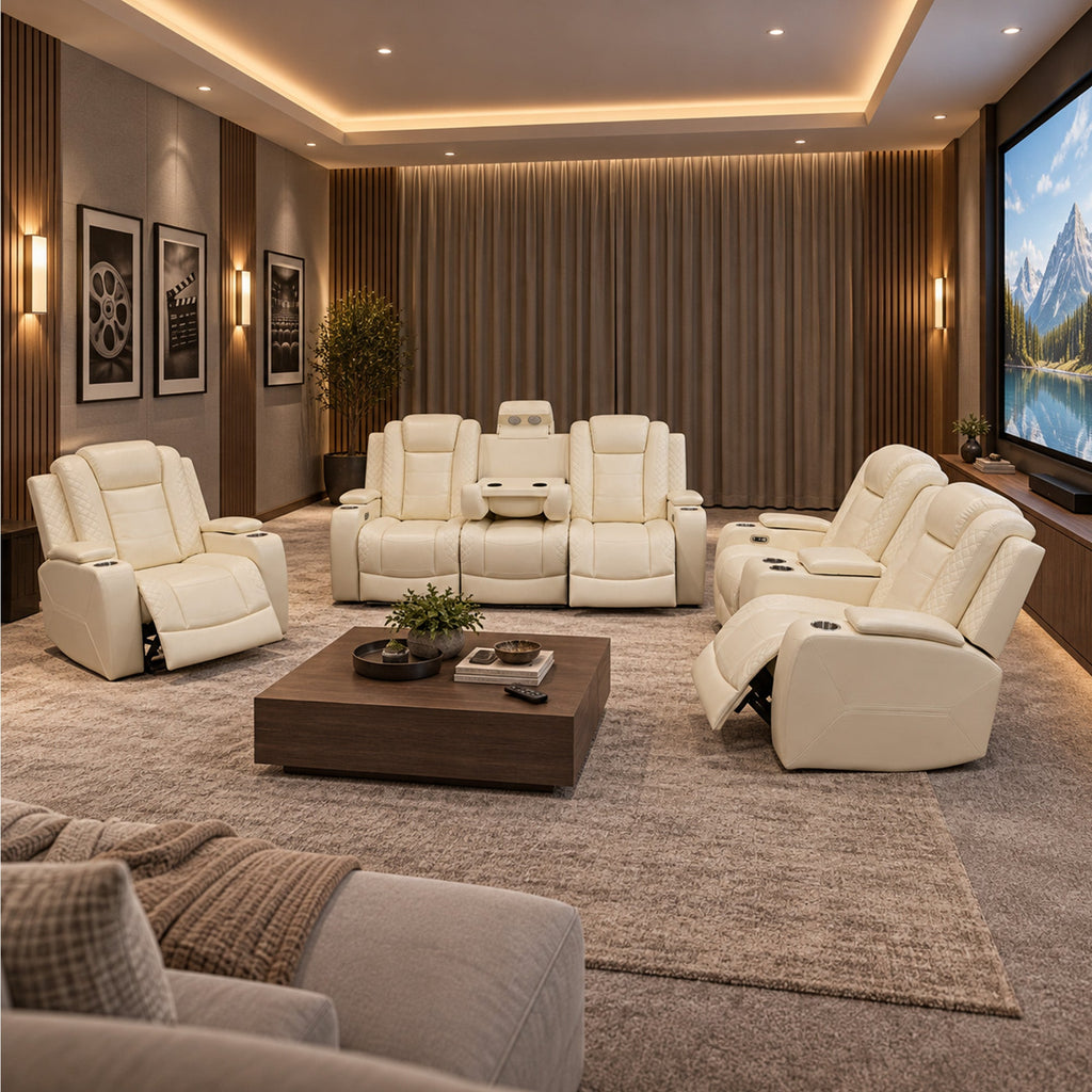 Intelligent Power Recliner Sofa 3 Piece Set Breathable Leather Couch with USB Charging LED Light Cup Holder Storage for Living Room Home Theater White